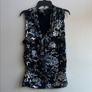 White House Black Market Floral V-Neck Blouse - Black and Blue